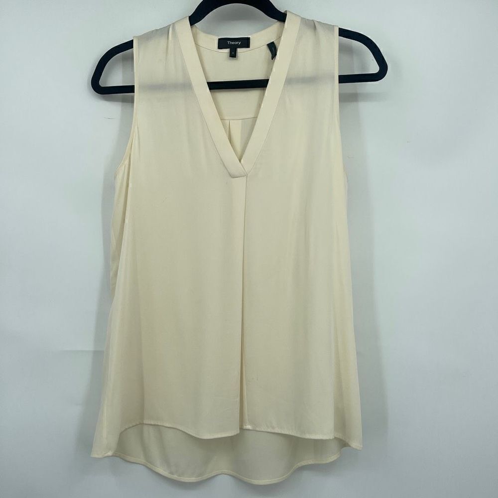 Theory Women’s Cream V-Neck Sleeveless Silk Blend Blouse Size Small